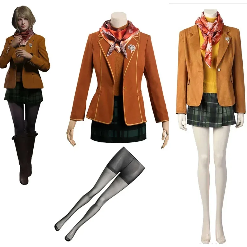 Evil Ashley Graham Cosplay Costume Women Dress Coat Silk Scarf Brooch Outfits Halloween Carnival Party Suit For Adult Clo