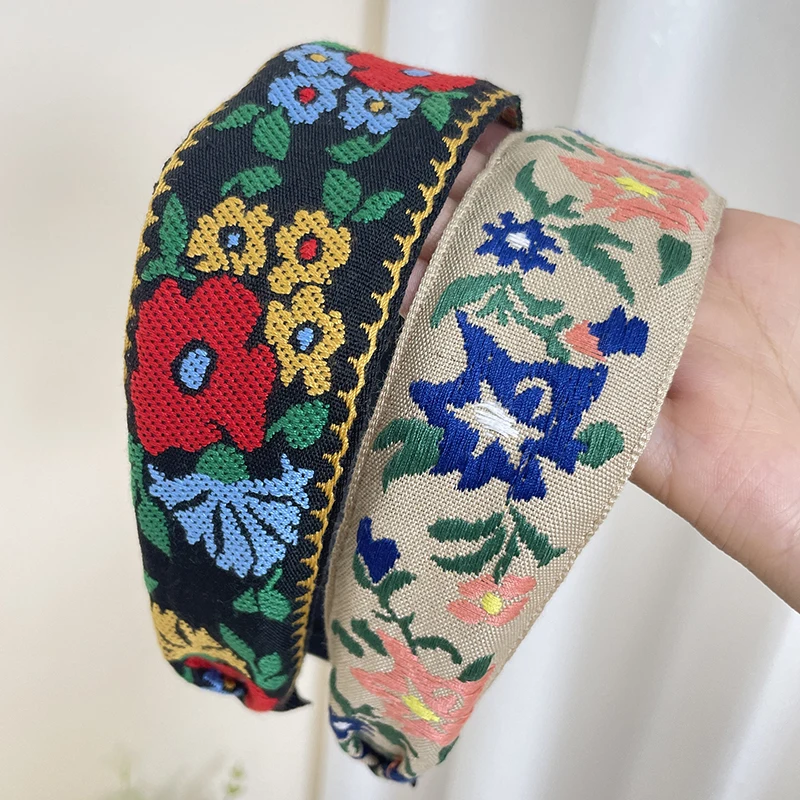 New Bohemian Style Embroidery Headband Ethnic Wide-brimmed Hair Hoop Leaf Flower Pattern Hair Accessories Headwear