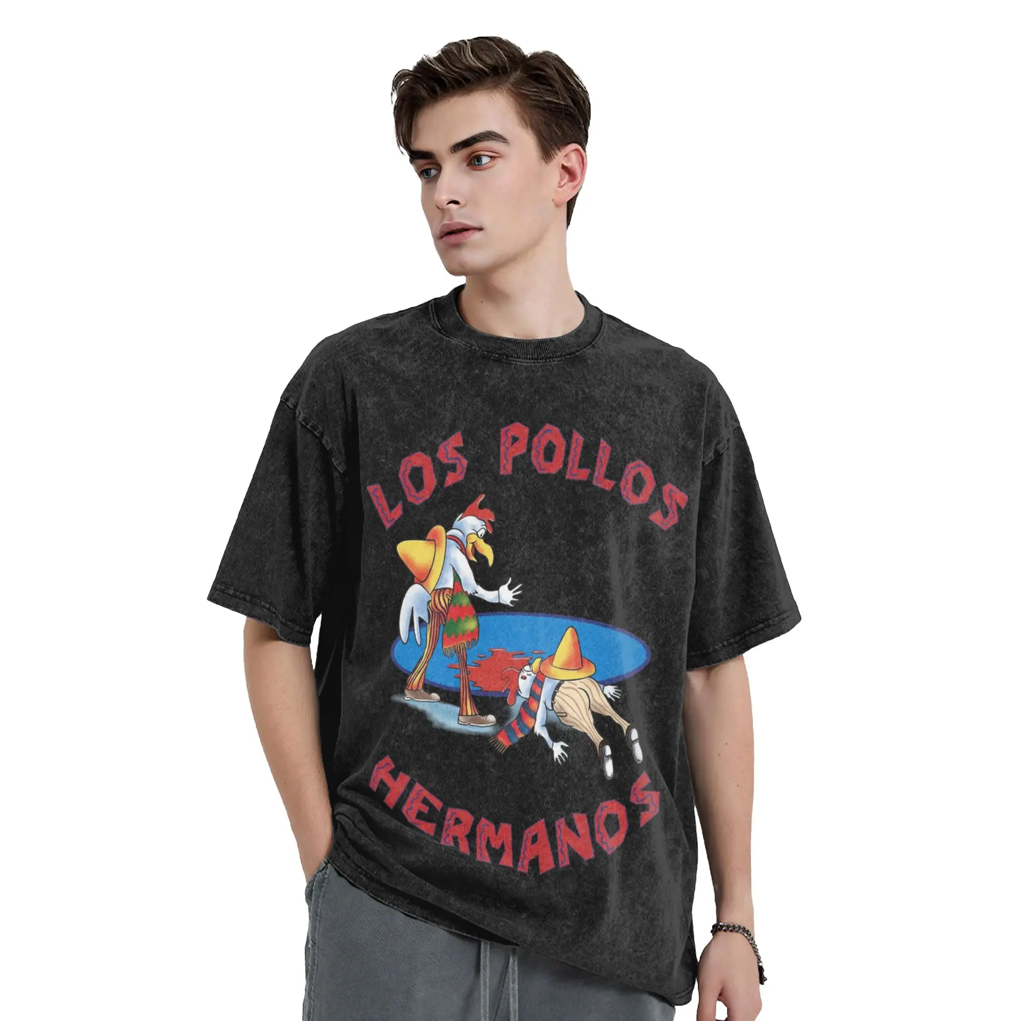 Los Pollos Hermanos Logo Breaking Bad T Shirts Hip Hop Washed Cotton Oversize T-Shirts  Vintage Men Women Tops Streetwear Tees