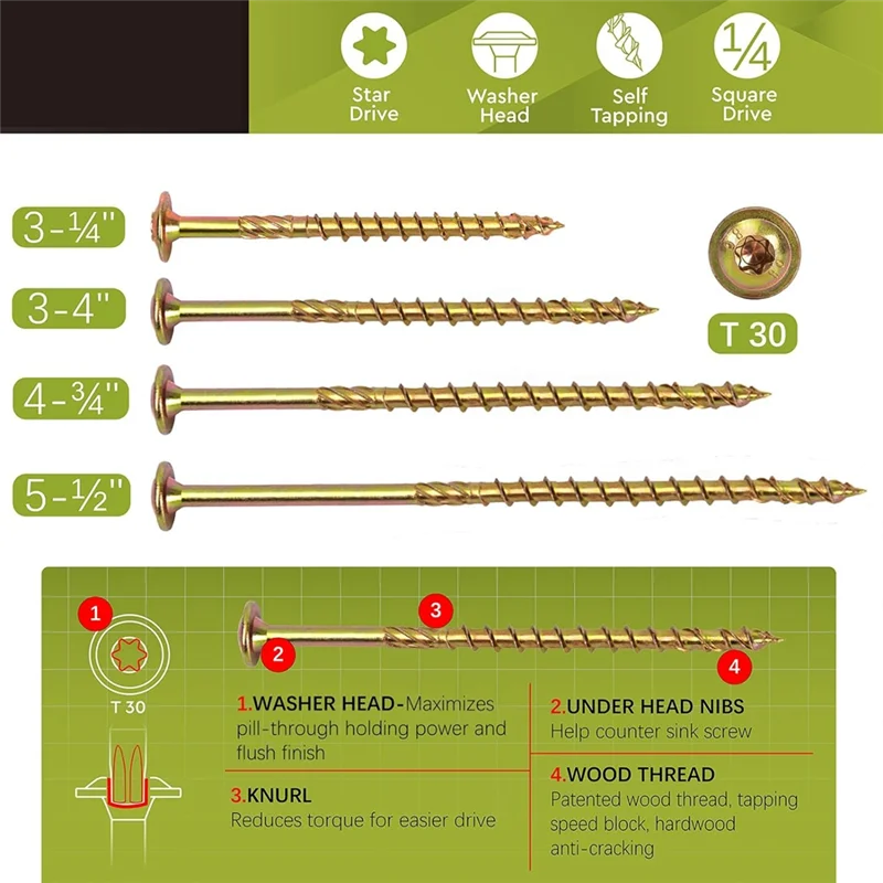 

1/4 X 3-1/4In Wood Screws Structural Delay Screws Torx T30 Drive Zinc Structural Delay Screws-Modified Truss Washer Head Durable