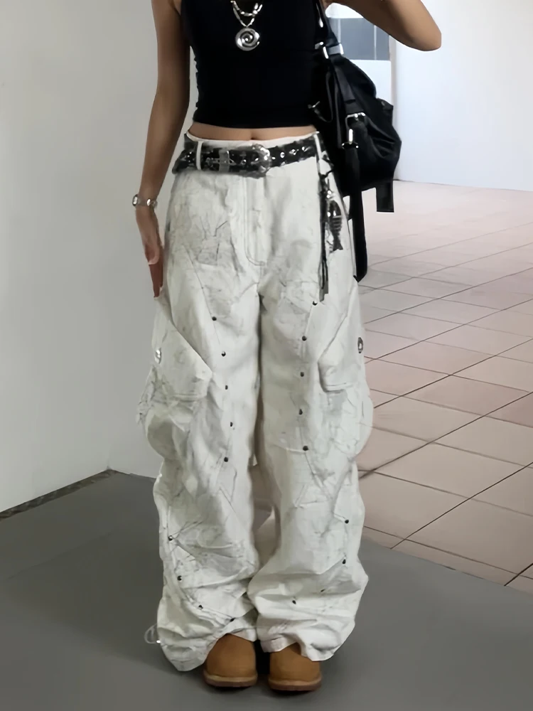

American High Street Spicy Girl Rivet Patchwork Work Pants Women's Spring New Design Sensation Branch Print Floor-Length Pant...