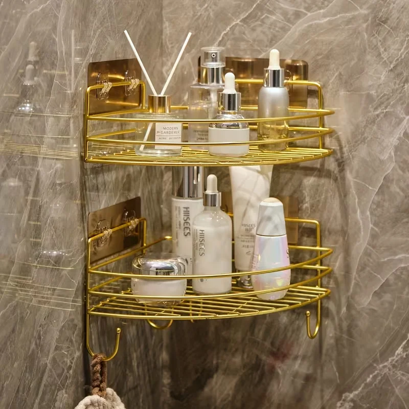 1/2/3pcs Luxury Golden Shower Caddy Set | Wall-Mounted Iron Triangle Storage Rack for Cosmetics, Skincare, Soap, Shampoo,