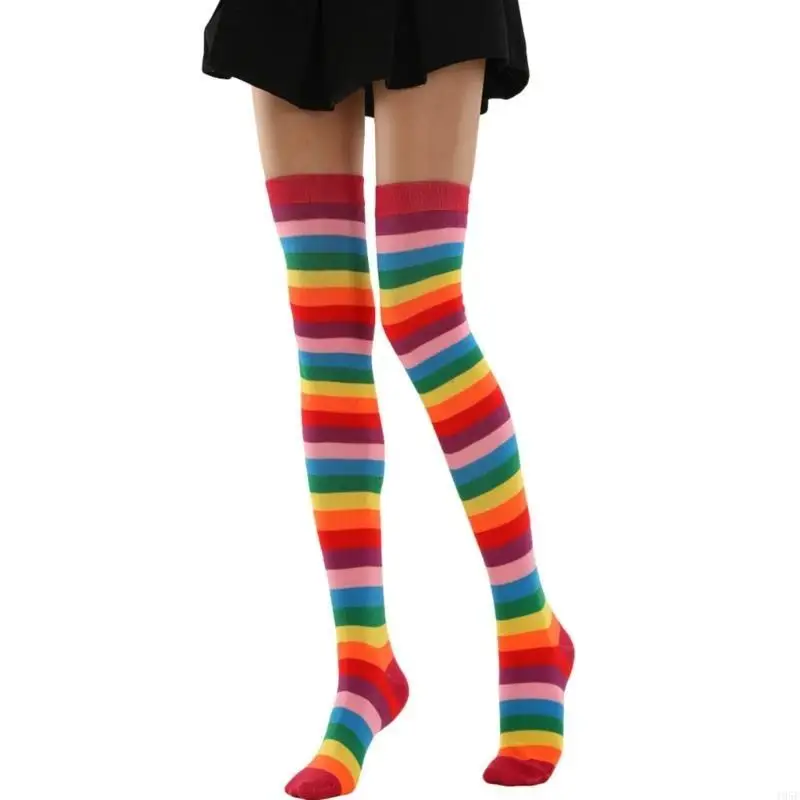 195E Oberschenkelstrümpfe, bunt, Regenbogenfarben, gestreift, Oberschenkelstrümpfe, Overknee-Socken, Beinstulpen für Damen,
