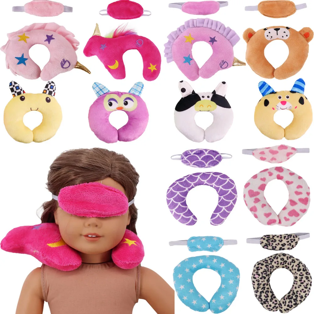 Hanging Neck Pillow+Eye Mask Unicorn/Leopard Shape for 18inch American&43Cm Baby Reborn Doll Clothes Accessories Sleep Equipment