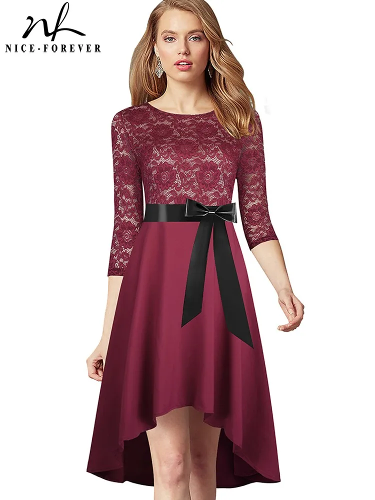 Nice-forever Spring Women Chic Floral Lace Patchwork Dresses Cocktail Party Elegant Flare Dress btyA187