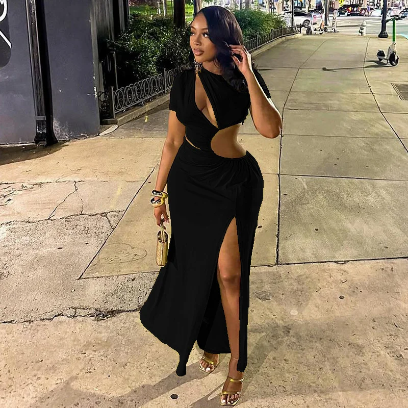 エレガントなホワイトボディコンマキシドレス レディース カットアウト Oネック ハイ スリットデザイン ラッフルウエスト セクシー スリムフィット イブニングクラブ衣装 2025