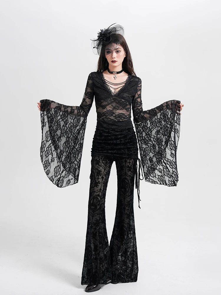 REDDACHiC Dark Academia Bell Sleeve Top Pants Women Matching Set Goth Plunge Top Shirring Flared Pants Witch Alternative Clothes