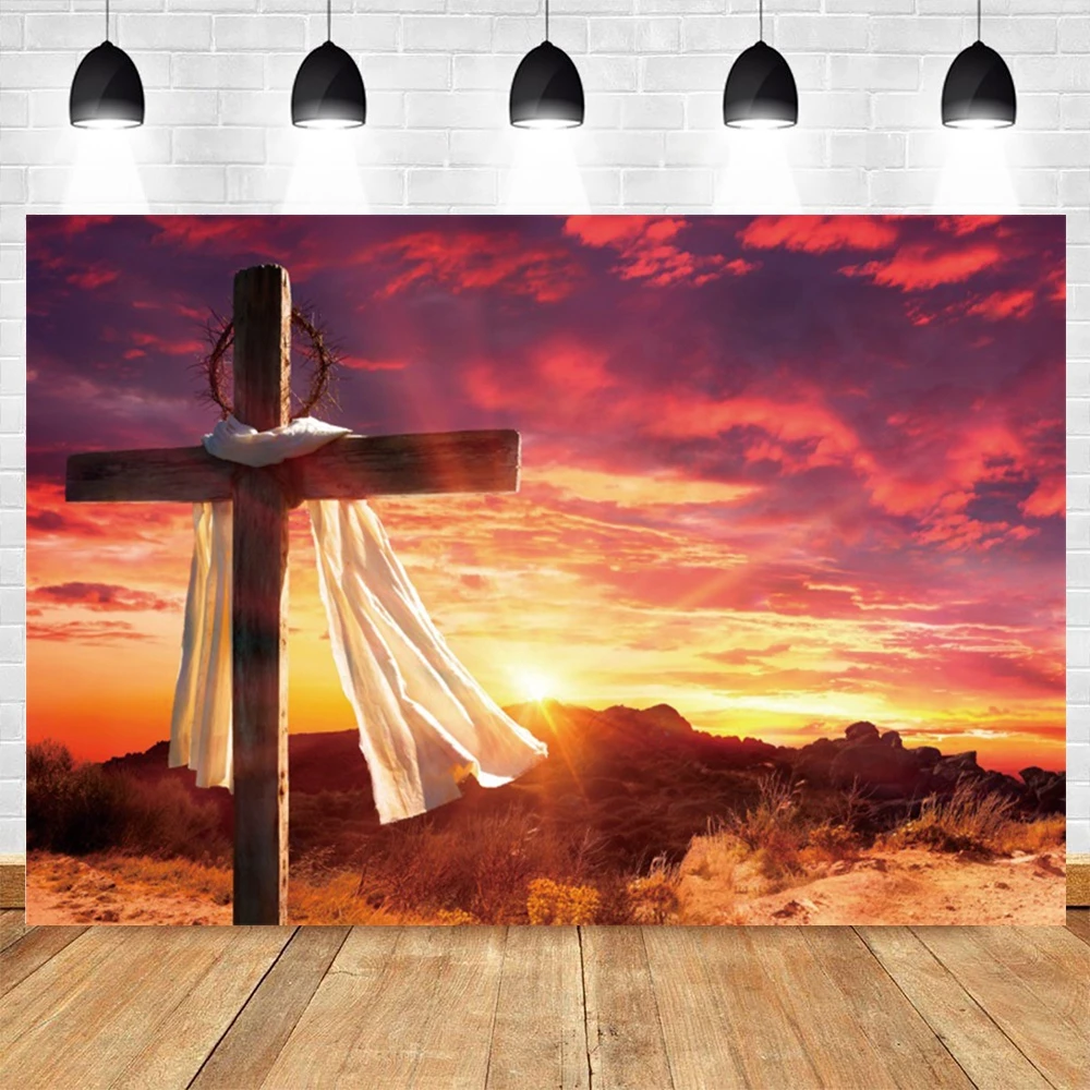 Jesus Christ Cross Photography Backdrop Christian Nativity Scene Sunset Mountain Cave Religious Activities Photocall Background