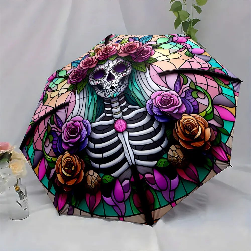 1PC Floral Skeleton Design Umbrella with Vibrant Colors Print 8 Iron Ribs Folding Umbrella Auto-Open Fashion Sunshade