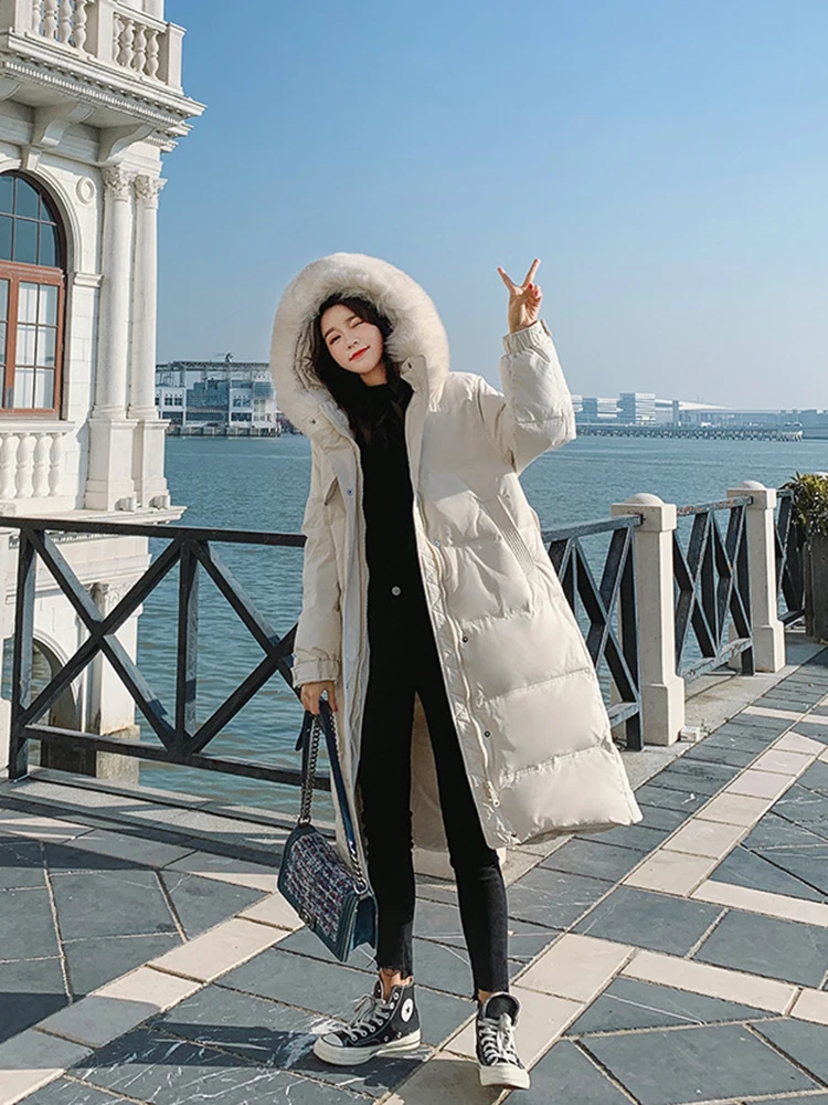 Winter Big Fur Collar Warm Parka Down Jackets Women White Duck Down Jacket Hooded Thick Neck Long Knee Length Down Coat Female