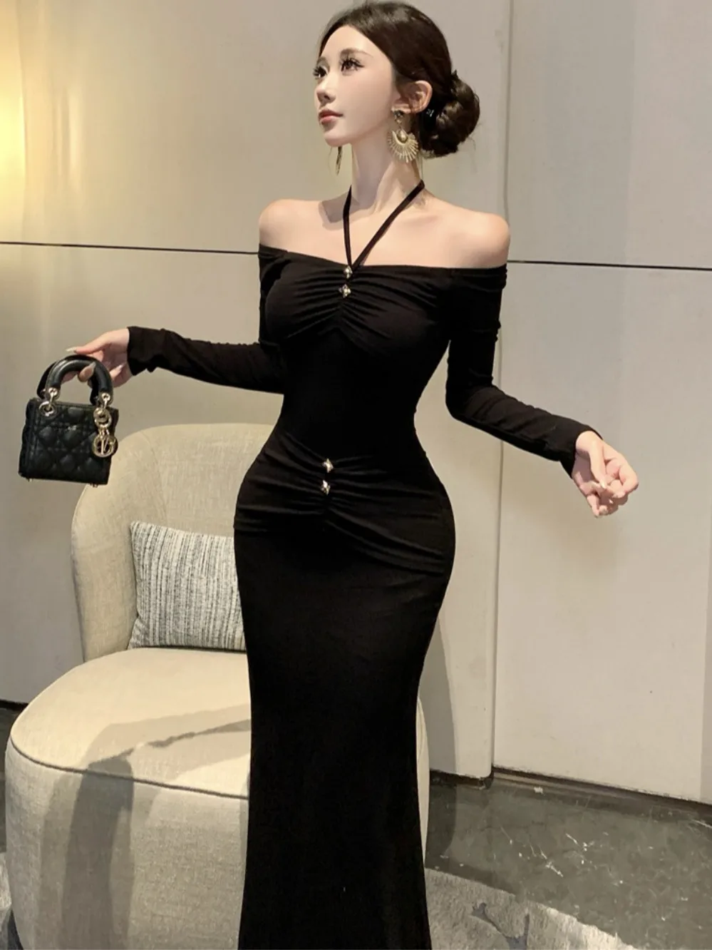 

Сексуальное облегающее длинное платье на одно плечо Pure Desire, женская осенняя новая висячая юбка с запахом из полиэфирного волокна