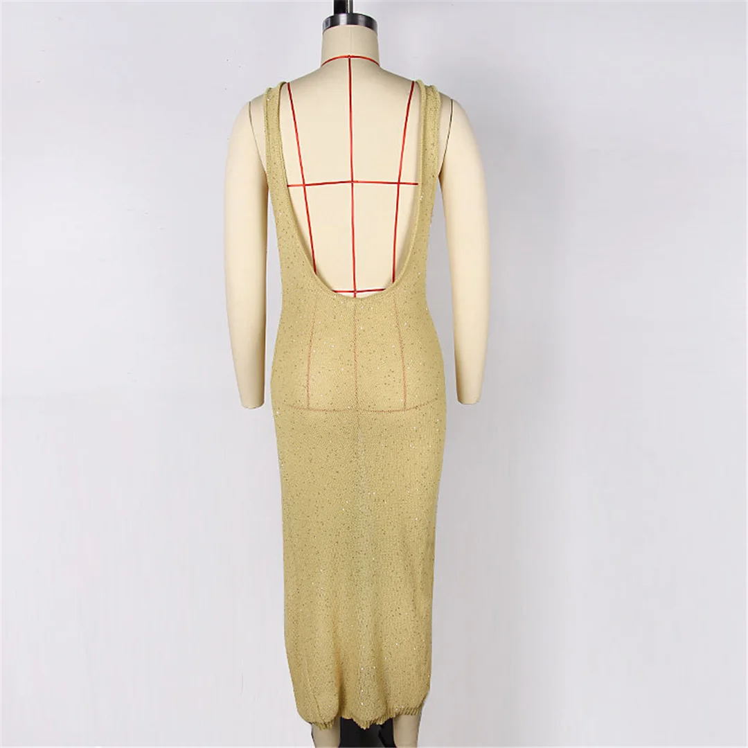 Glitzerndes, funkelndes, rückenfreies, gehäkeltes, gestricktes Tunika-Strandkleid, Strandüberwurf, Strandkleid, Strandmode, Damenmode V6795 – Detail 9