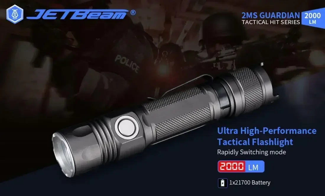 Jetbeam 2MS EDC LED Lanterna Tática USB-C Recarregável Resistente à Água EDC Lanterna 2000 Lumens Tocha Preta