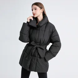 Winter Women's Thickened Coat Korean Loose Warm Stand Collar Cotton Jackets Female Slim Fit Windproof Outerwear with Belt