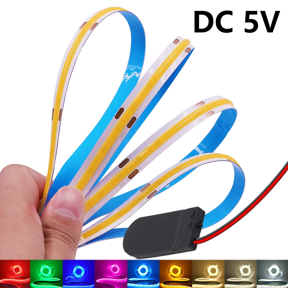 8MM COB LED Strip 5V Battery Powered 320LEDs/m White Red Green Blue Pink Yellow Flexible Adhesive Tape Home Decor 0.5m 1m 2m 3m