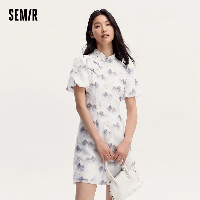 Semir Dress Women Ink Painting Print Dress maniche a bolle abbottonato 2024 Summer New Cheongsam Dress