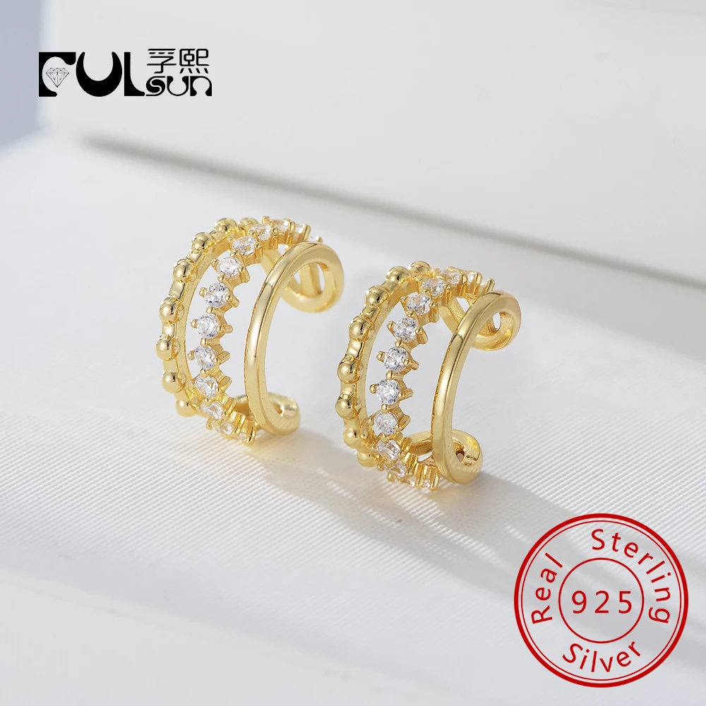 

Многослойные серьги-клипсы с геометрической волной для девочек, серьги-манжеты из стерлингового серебра 925 пробы с позолотой 14 карат и фианитами для женщин