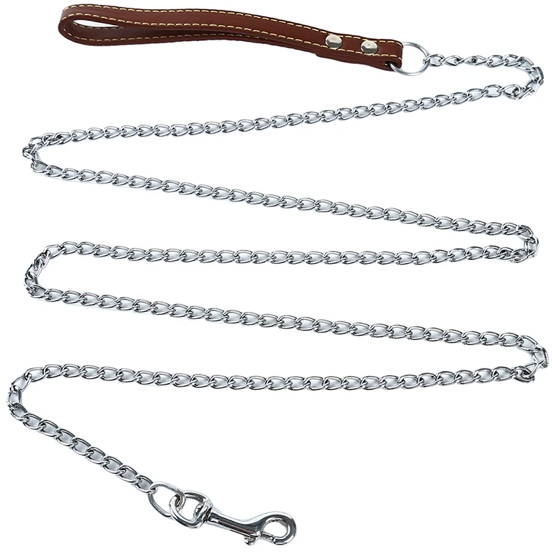 ทนทาน Anti-Bite โลหะสุนัข CHAIN สําหรับสุนัขขนาดกลางขนาดเล็ก CHAIN Leash Handle Leads PU หนังเหล็กโซ่สัตว์เลี้ยงอุปกรณ์เสริม