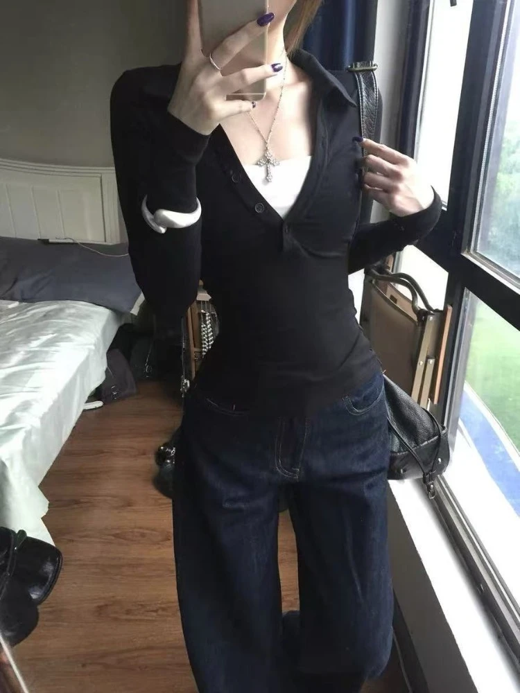 2000s Vintage Note Rhinestone Fake Two Pieces Long Sleeve T-shirt Women Slim Fit Base Layer Fashion Casual Tops Female Stylish