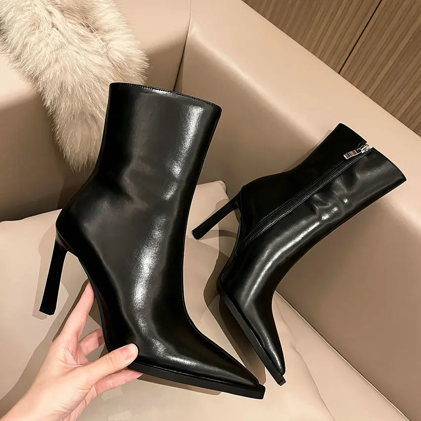 QUTAA 2024 Thin High Heels Women Ankle Boots Autumn Winter Genuine Leather Pointed Toe Shoes Woman Zipper Office Lady Size 34-39