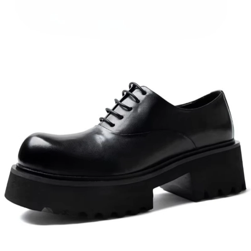 All-genuine Leather British White Wide Version Men's Dress Shoes for Male Derby Shoes Fashion Thick Sole Height Increasing Shoes