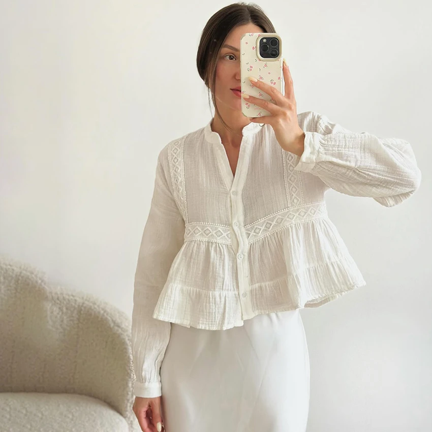 

Linad Vintage Cotton White Woman Blouse Elegant Long Sleeve Shirts Casual Stand Collar Shirt Street Button Up Top 2025 Autumn
