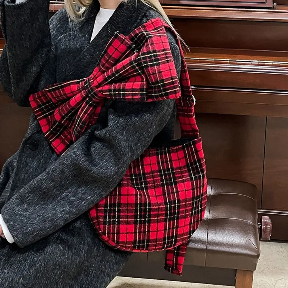 

Retro Vintage Red Check Crossbody Bag Cute Red Bow Shoulder Bag Sweet Woolen Cloth Bowknot Handbag Shopping