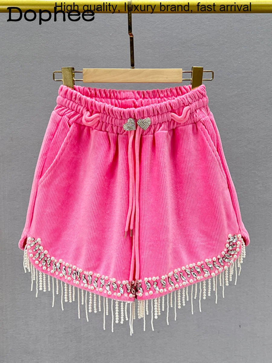 Tassel Exquisite Rhinestone Sweet Pink Corduroy for Women 2023 New Winter High Waist Slimming Boot Pants Wide Leg Shorts