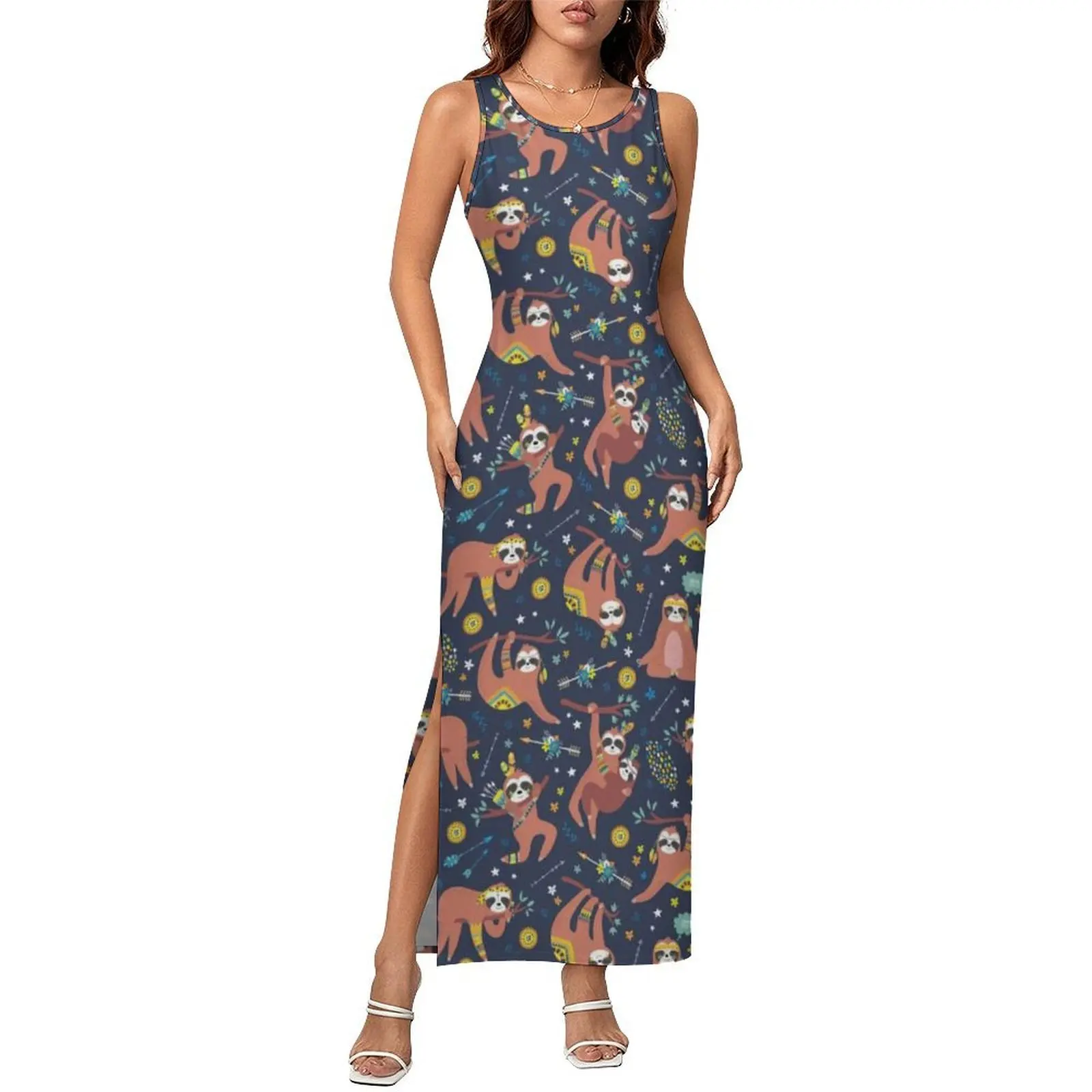 Cute Sloths Pattern Dress Sleeveless Lazy Animals Elegant Maxi Dresses Summer Y2K Fashion Design Bodycon Dress Big Size 3XL 4XL