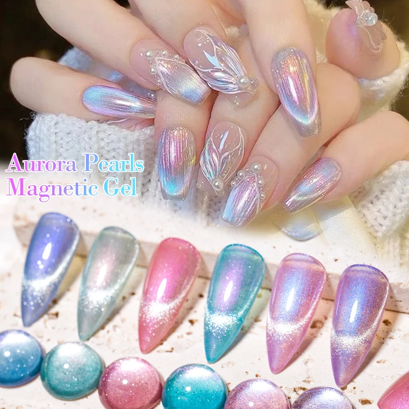 MEET ACROSS 7ml Aurora Pearls Cat Magnetic Nail Gel Polish Purple Pink Glitter Nail Supplies Vernis Gel for Spring Summer Nails