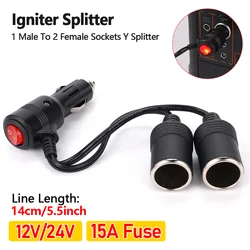 Universal Cigarette Lighter Splitter Adapter with On Off Switch Car Cigarette Lighter 1 Male To 2 Female Sockets Y Splitter