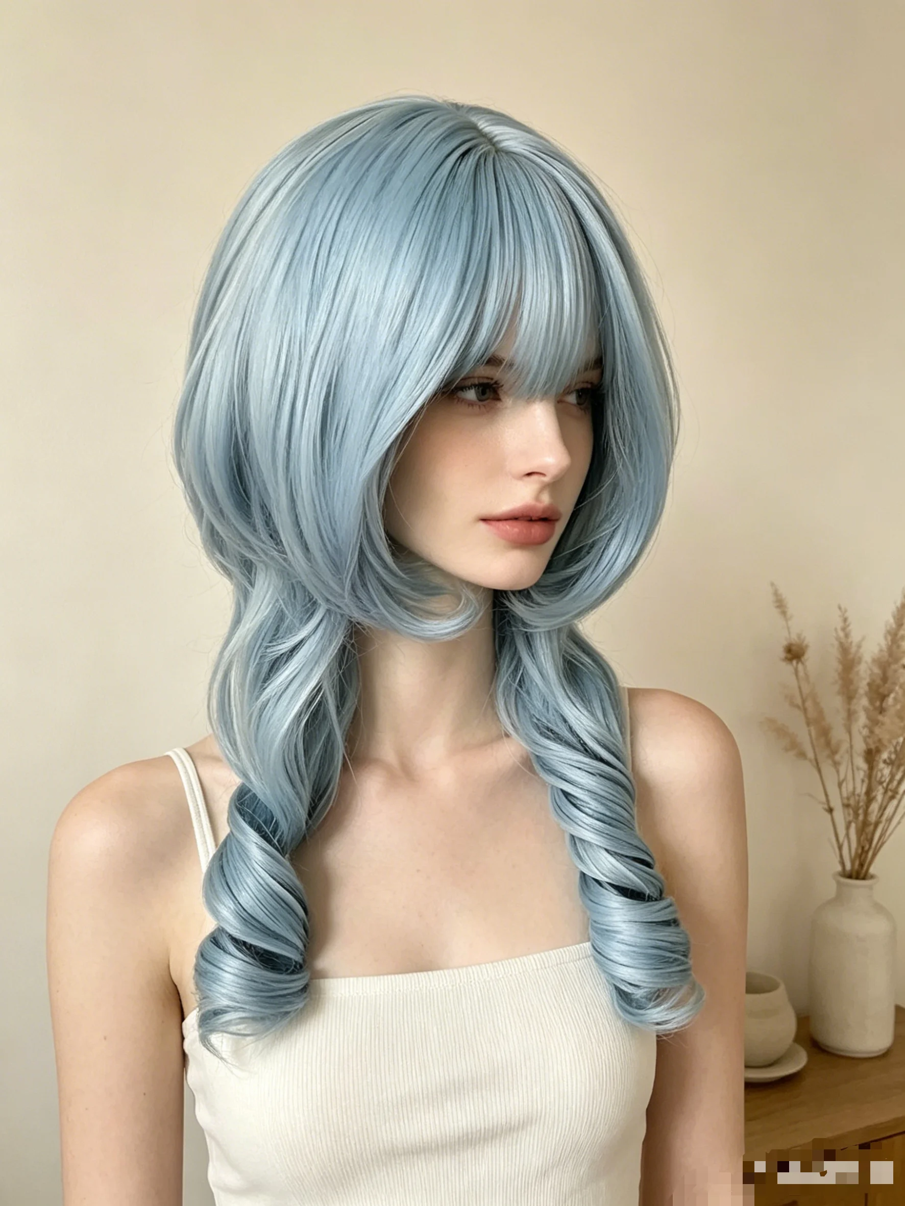 Light Blue Curly Braid Synthetic Wig With Polka Dot Bow Lolita Kawaii Women Anime Cosplay Sweet Harajuku Party Costume Hairpiece