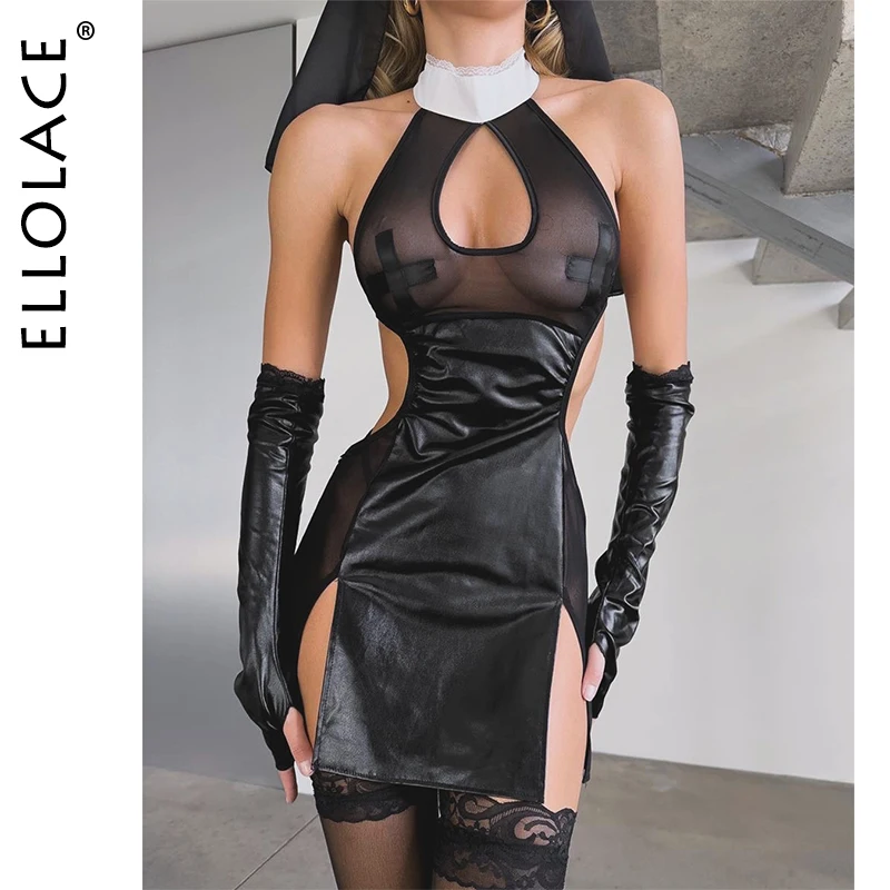 

Ellolace Halloween Sexy Lingerie Sister Cosplay Costume Halter Mini Split Dress Thong 2PC Set with Headband Oversleeve Stockings