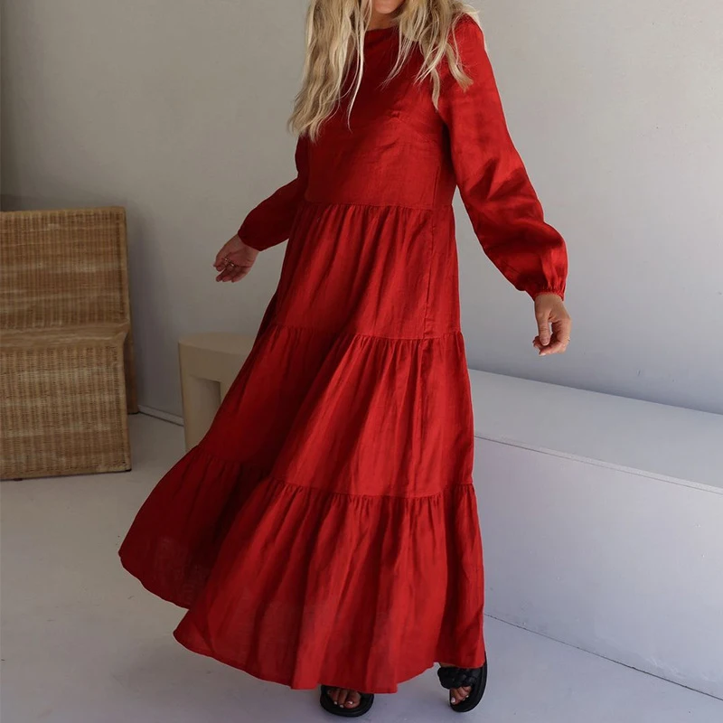 

All-match Women's Splicing Pleated Dress Spring Round Neck Long Sleeve Loose Long Dress Casual Women's Solid Color Simple Dress