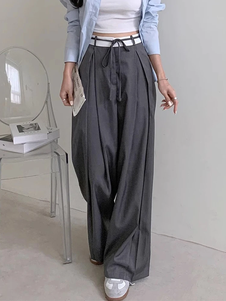 High Waist Wide Leg Pants Color Block Design Belted Chic Spring Female Suit Pants Floor Length Commute Style Polyester Fiber