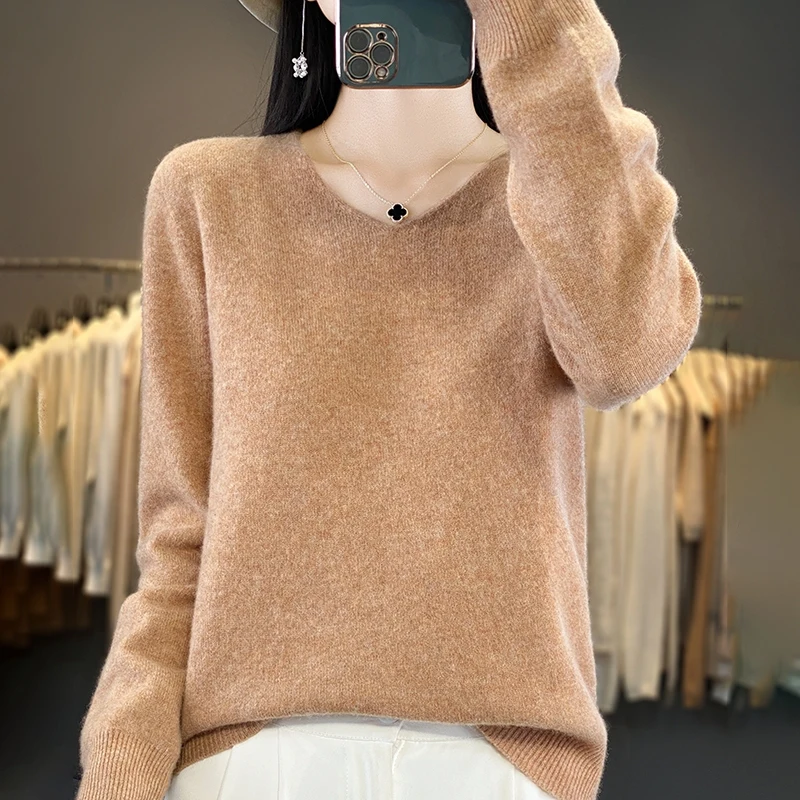 Maglioni basic casual con scollo a V da donna Top maglione autunno inverno solido caldo pullover lavorato a maglia a maniche lunghe da donna 2024