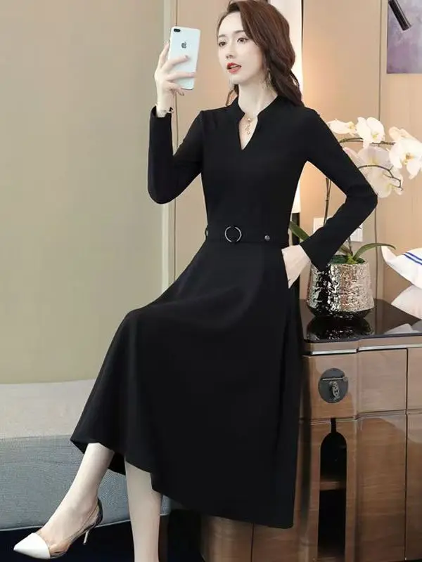 الكورية Sle ألف خط تنورة V-Ne طويلة Sve ميدي ثوب التخسيس ربيع الخريف الموسم عالية الخصر ألياف البوليستر الوقوف صالح