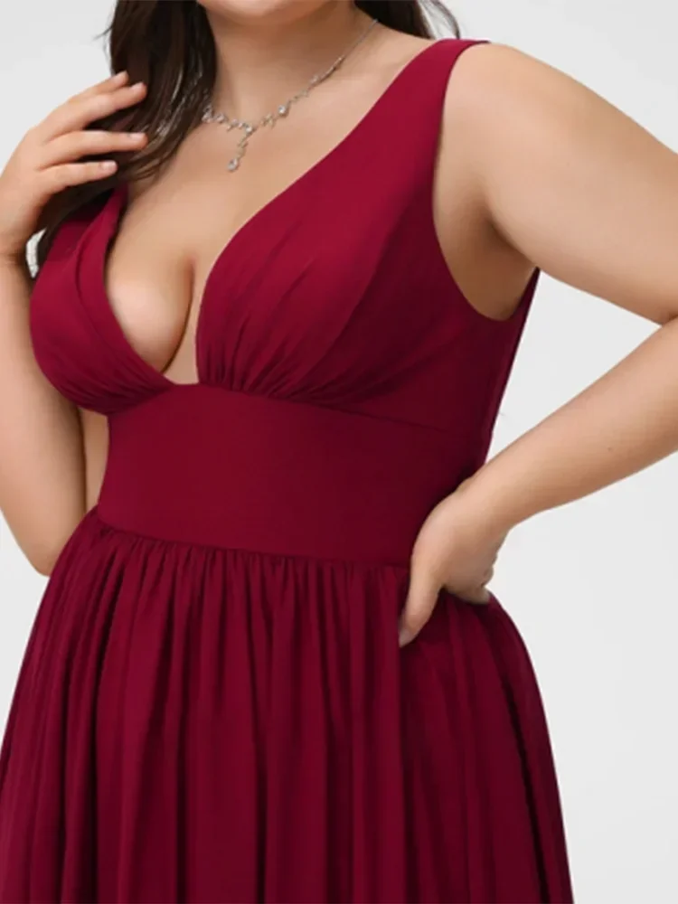 Elegancka seksowna damska suknia wieczorowa Plus Size z głębokim dekoltem w szpic, z rozcięciem, szyfonowa linia A, koktajlowa sukienka bez rękawów