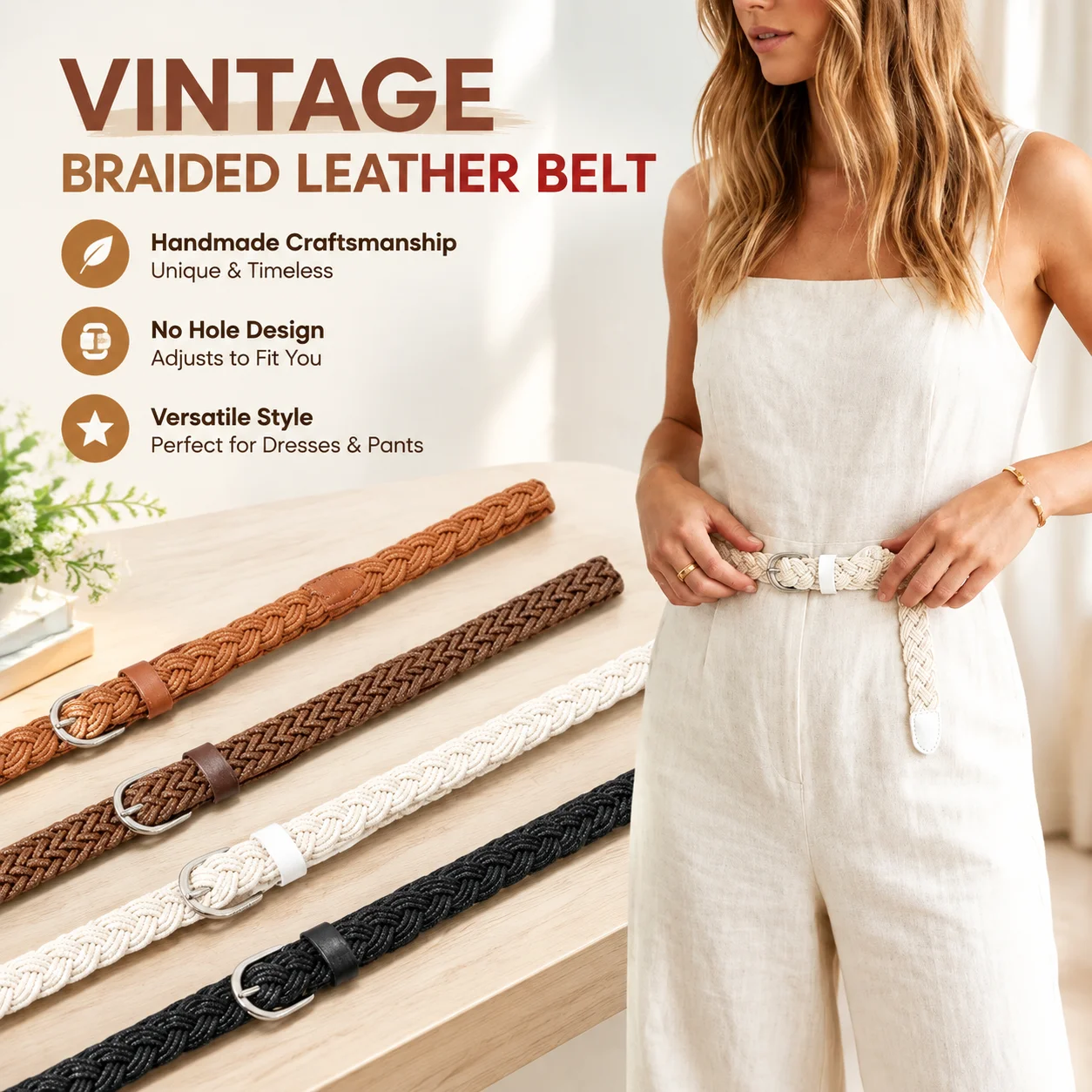 Women's Vintage Handmade Braided Leather Belt Thin Woven Twist Waistband with No Hole Pin Buckle for Dresses and Pants