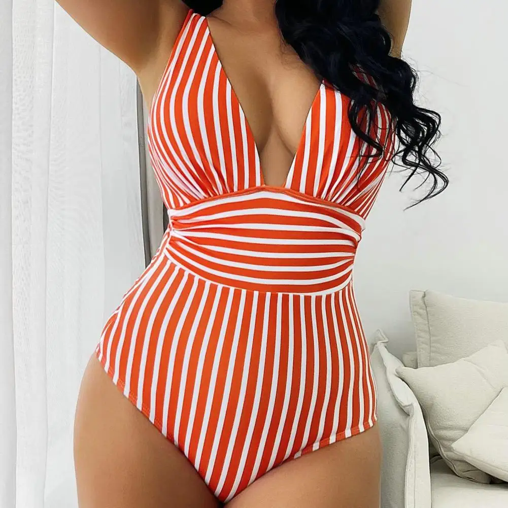 

Women Summer Monokini Striped Print Contrast Color Deep V Neck Skinny Backless Swimming Sleeveless Summer Vacation Beach Swimwea