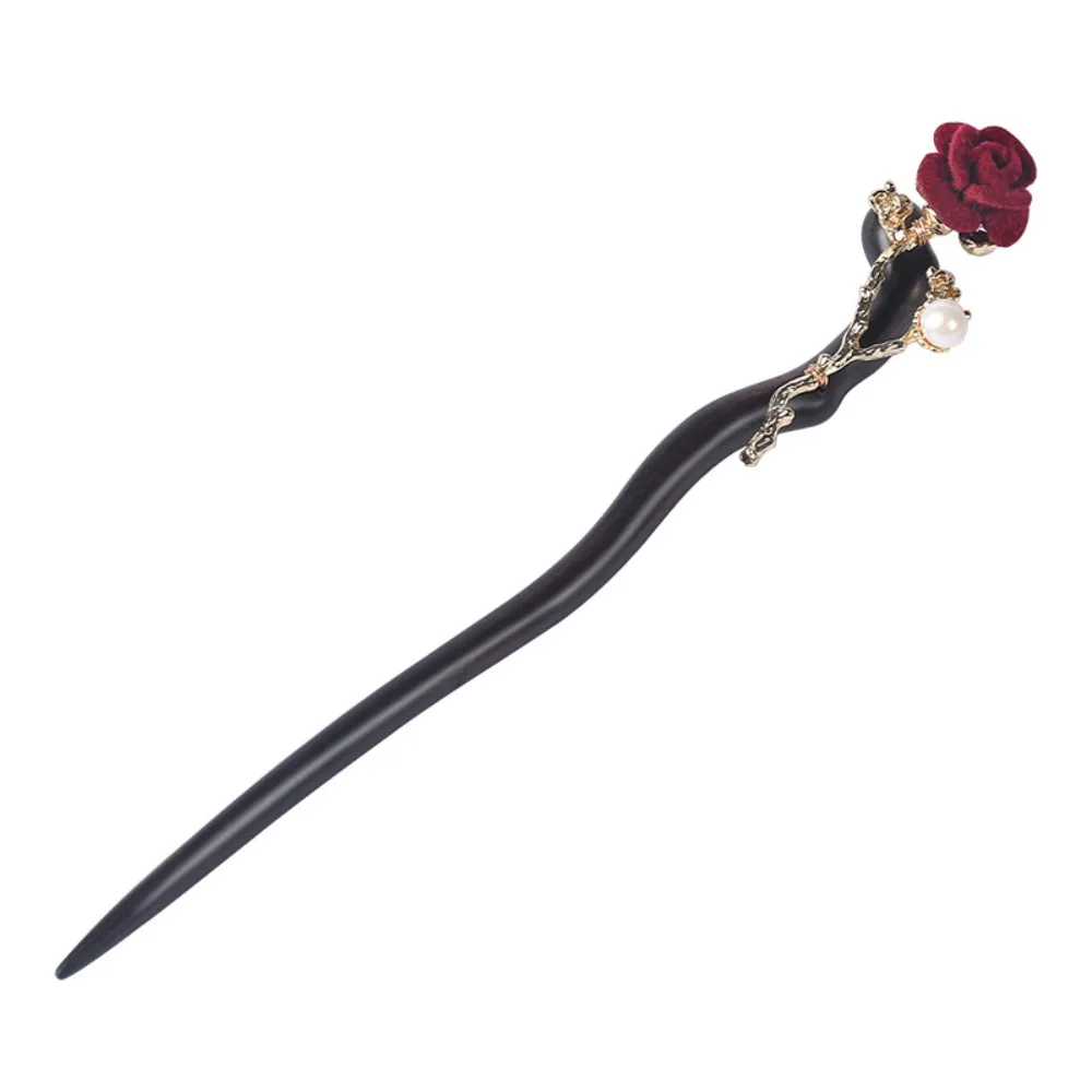 

Hanfu Hair Sticks Red Rose Chinese Hair Stick Retro Handmade Flower Hair Forks Ancient Style Wooden Hair Bun Wedding