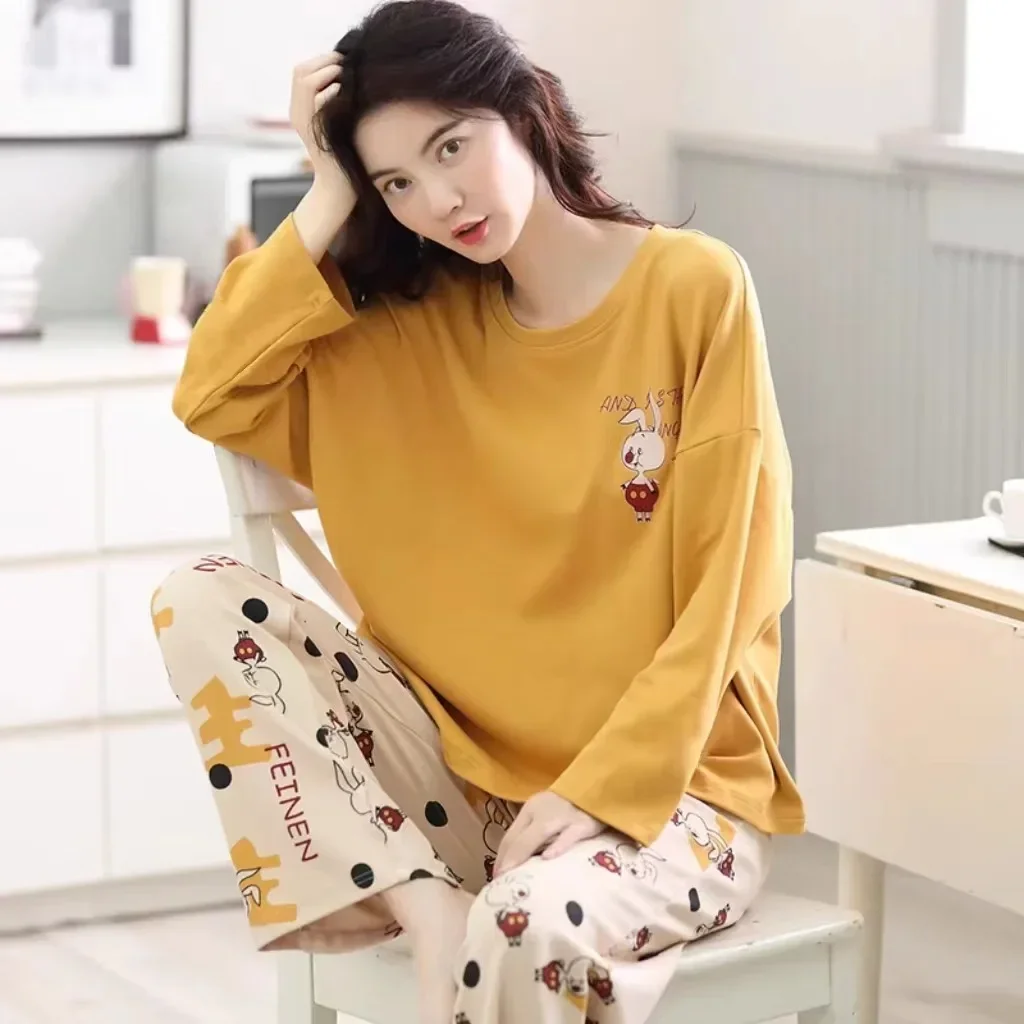 Women Pajama Sets Long Sleeve T-shirt+Pants 2Pcs Suits Cartoon Sleepwear Spring Autumn Loungewear Female Casual Home Clothes