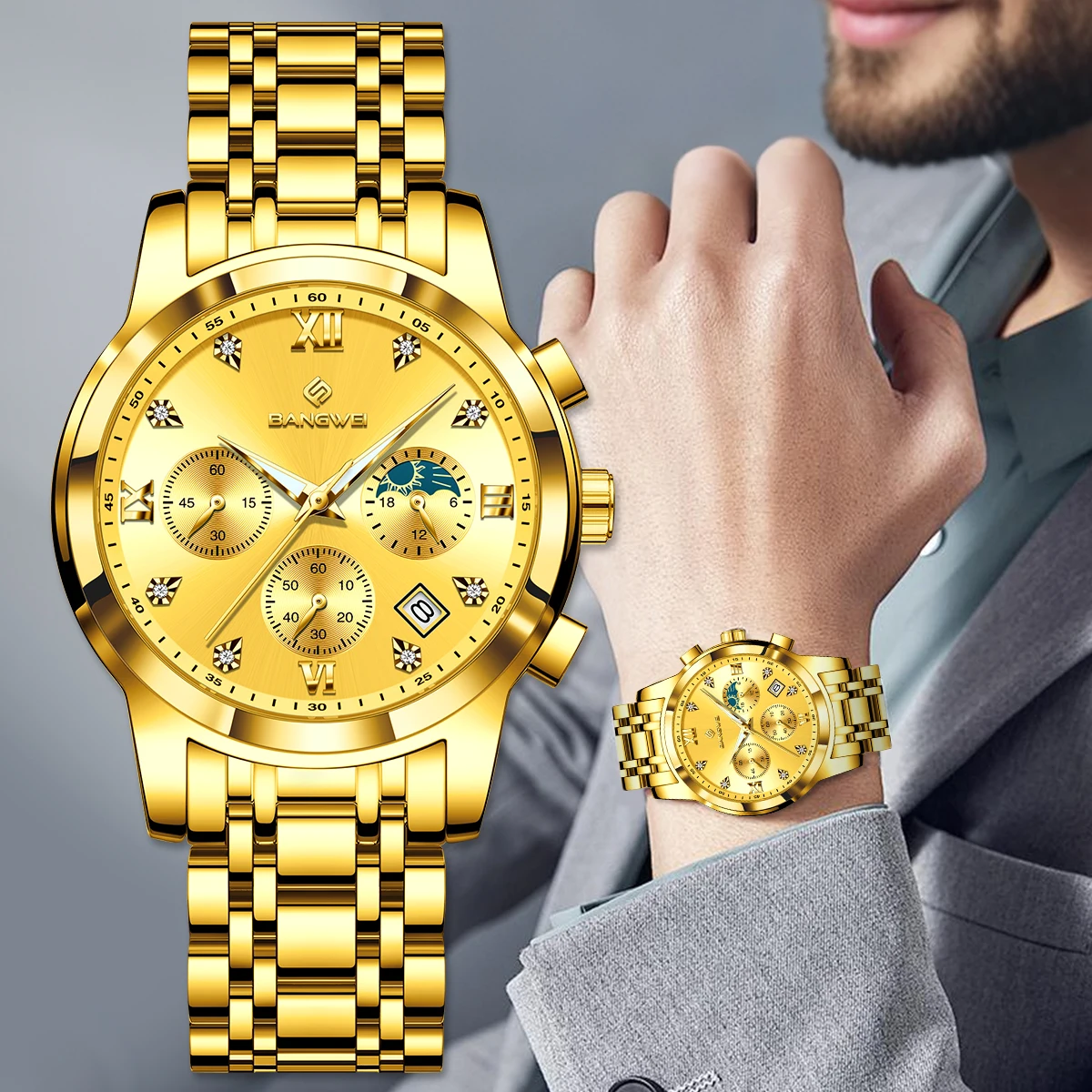 

BANGWEI business men's watch moon phase quartz watch waterproof luminous clock calendar casual fashion watches for men reloj+BOX