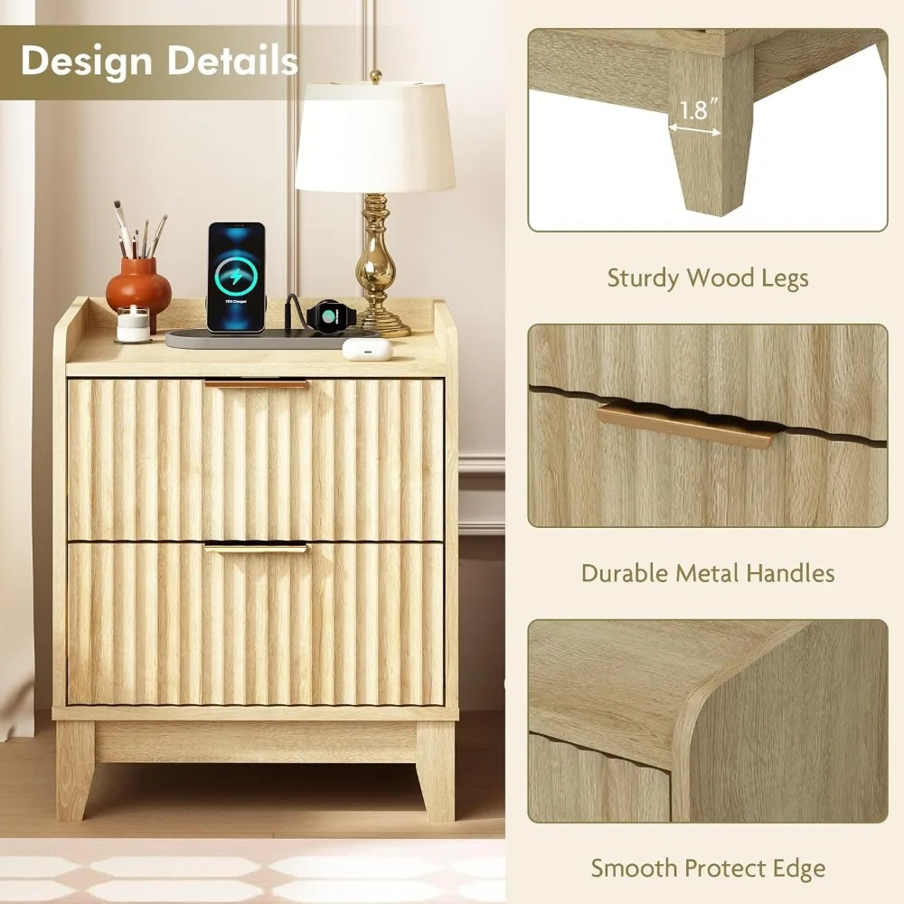 pair of farmhouse style nightstands with charging stations and storage drawers