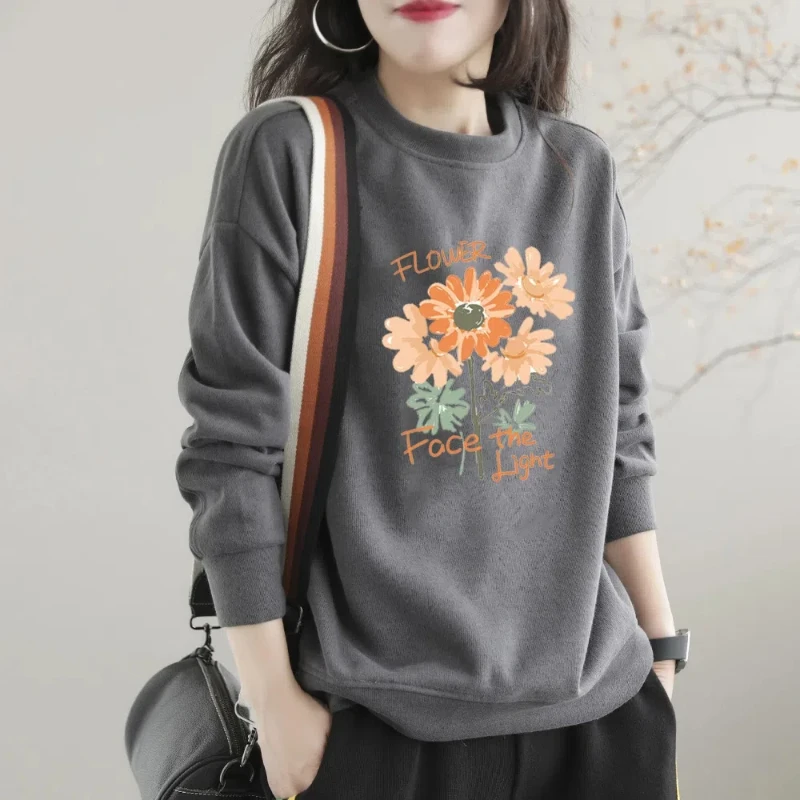 New Spring and Autumn Women\'s Solid Color O-Neck Long Sleeve Loose Letter Printed Pullovers Korean Fashion Comfortable Tops