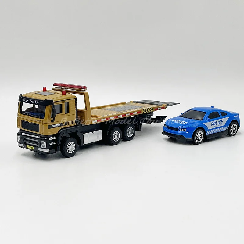 1:50 Diecast Truck Model Toy Flatbed Traffic Rescue Wrecker With Police Car Miniature Replic With Sound & Lights