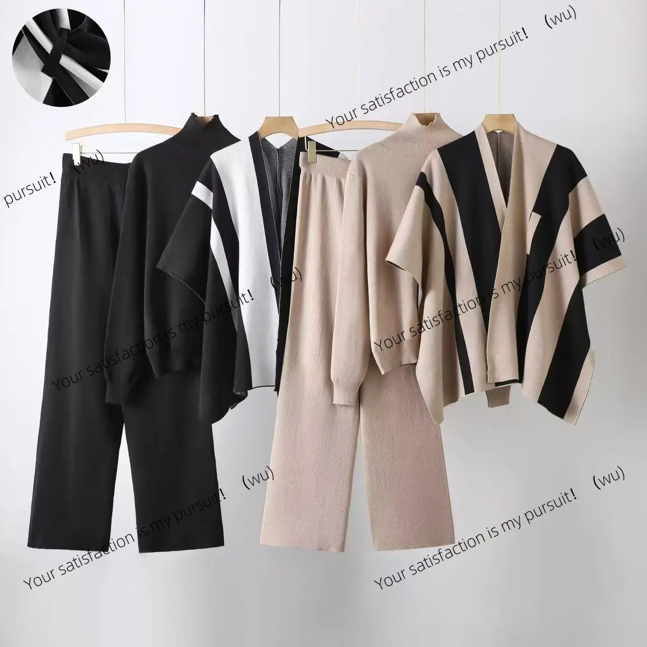 Setelan rajutan wanita musim gugur baru, sweater longgar dengan jaket cape dan celana lebar tiga potong