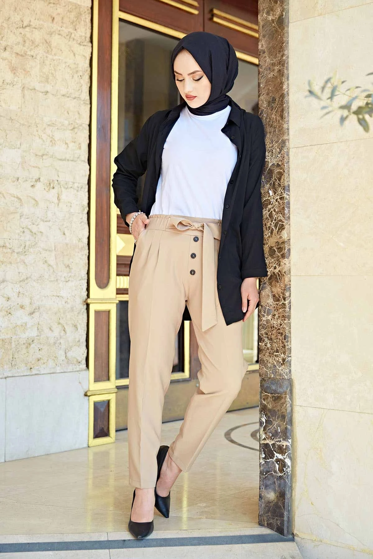 Button Detail Double Pants E-Beige