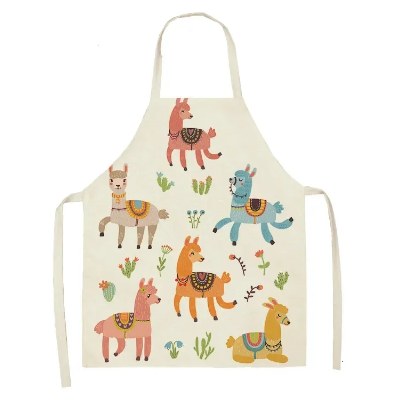 Alpaca Llama Cactus Printed Cotton Linen Sleeveless Aprons Kitchen Women Pinafore Home Cooking Baking Waist Bib 2 Size Delantal