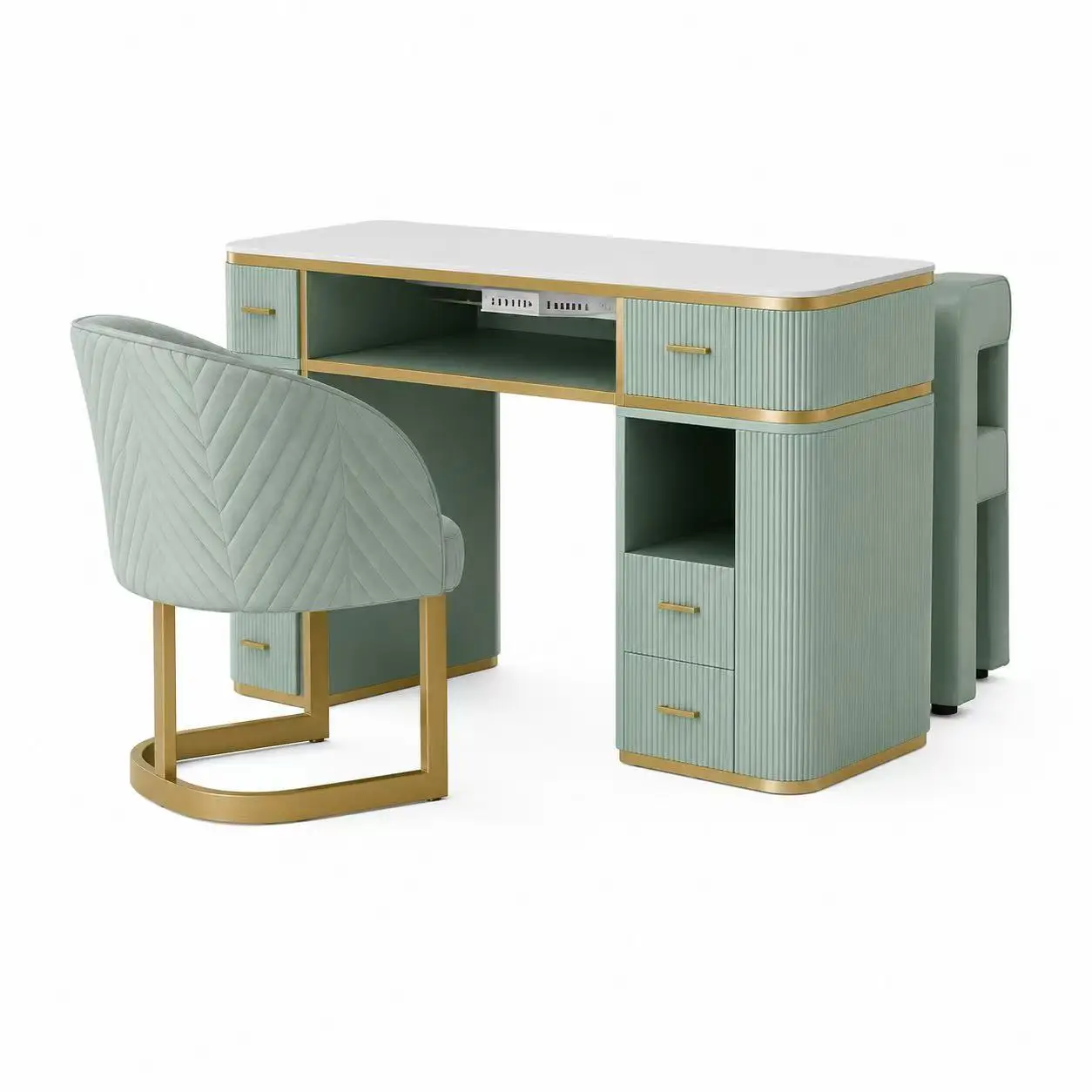 Modern Light Luxury Manicure Table Marble Top Dust Collector Gold Edge Nail Station Technician Chair For High-end Beauty Mall